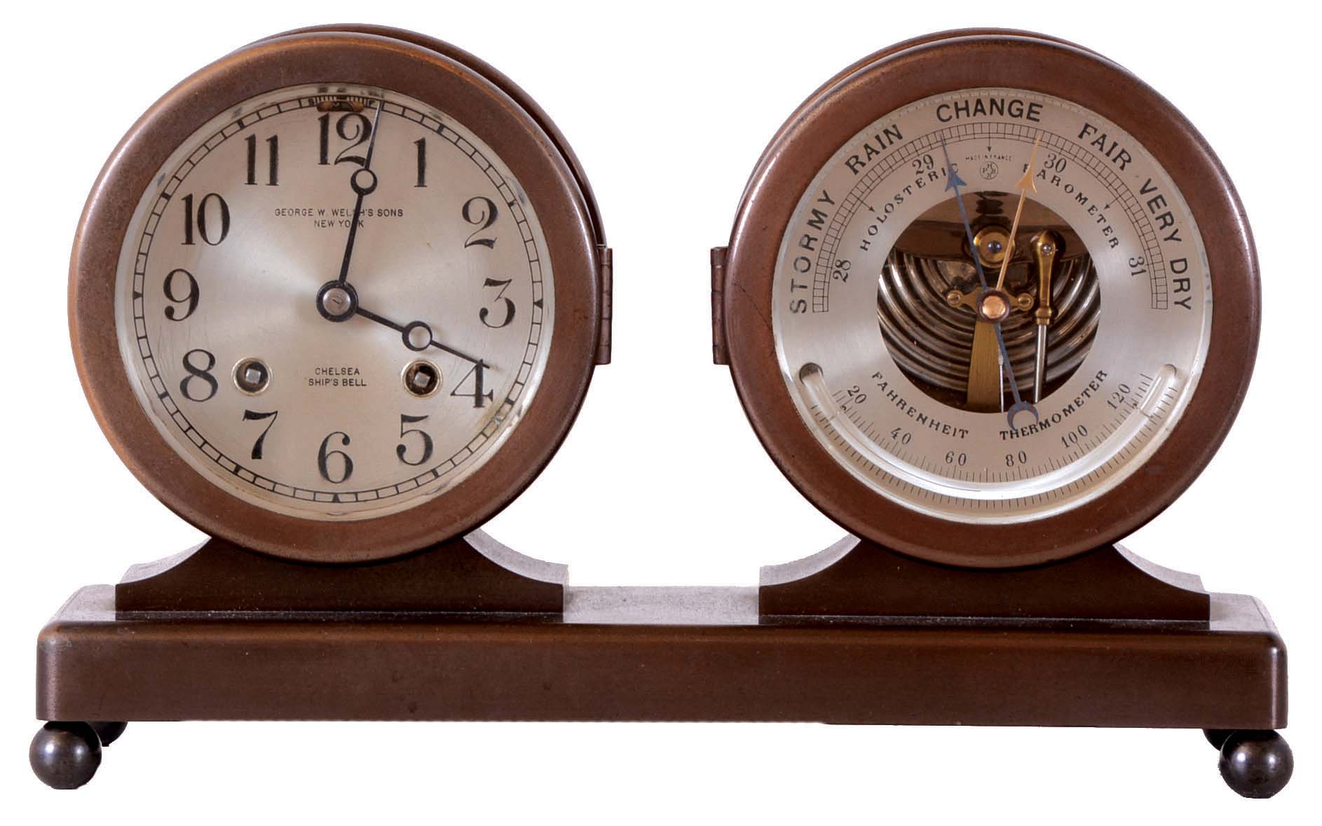 Chelsea Clock Co., Boston, Mass., 8 day, time and strike spring brass lever movement ship's bell clock and barometer desk set. Serial No. 164751 This set was retailed by George W. Welsh's Sons, New York. — Antique Clocks Price Guide