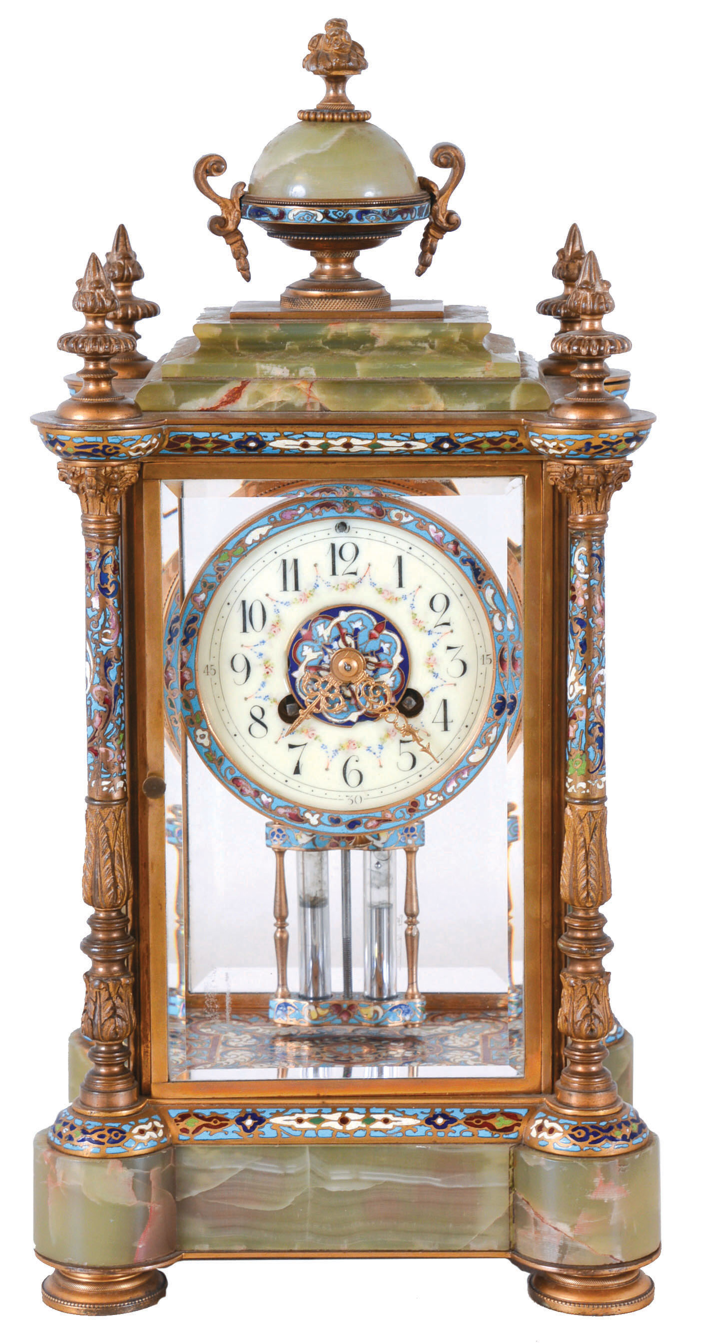 France, fancy crystal regulator mantel clock, 8 days, time and bell strike, spring driven movement in a green onyx and cloisonne case with four enameld full columns flanking dial and rear door, enamel and onyx urn finial, cloissone mercury pendulum, cloisonne floor inside clock visible through beveled glasses and resting on cast brass feet. The brass dial has matching cloisonne bezel and dial insert and painted polychrome floral festoons.. — Antique Clocks Price Guide