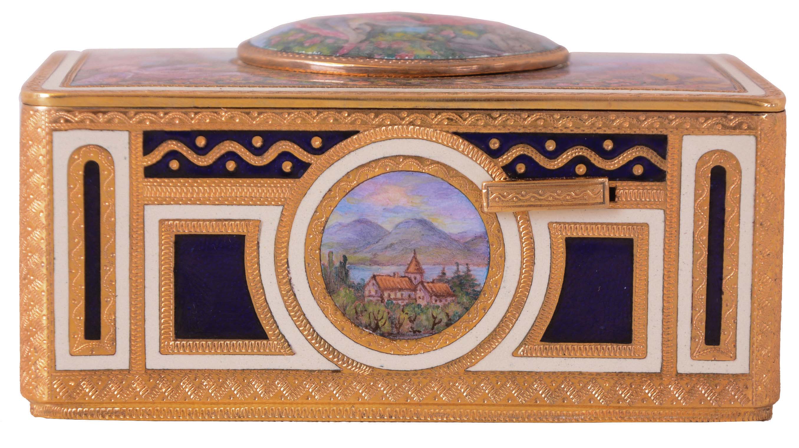 Karl Griesbaum, Germany, singing bird box, the box sides with blue and white champleve enamel framing colorful landscape scenes, the top featuring 3 figures in antique costume, relaxing in a garden, the woman on a swing suspended from a large tree, the front with sliding button to activate the multicolored bird, 20th century — Antique Clocks Price Guide