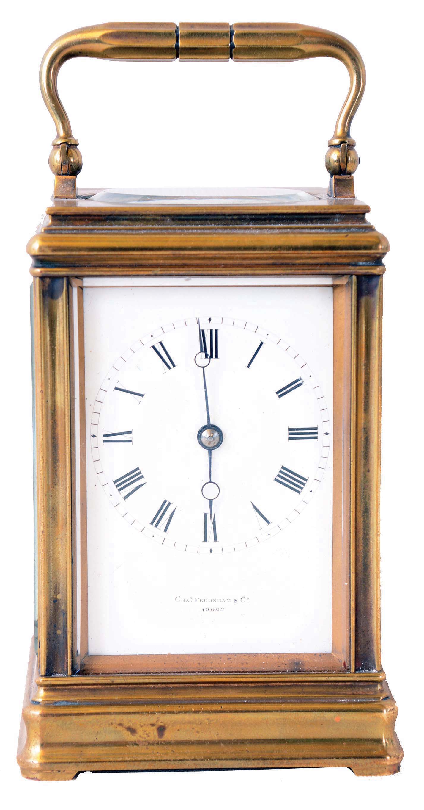 France, for Charles Frodsham &amp; Co., carriage clock, Gorge case set with beveled glasses, Roman numeral white enamel dial, blued steel Breguet style hands, 8 day time and strike movement with lever platform, counting the hours on a bell, serial #19055, dial and movement signed — Antique Clocks Price Guide