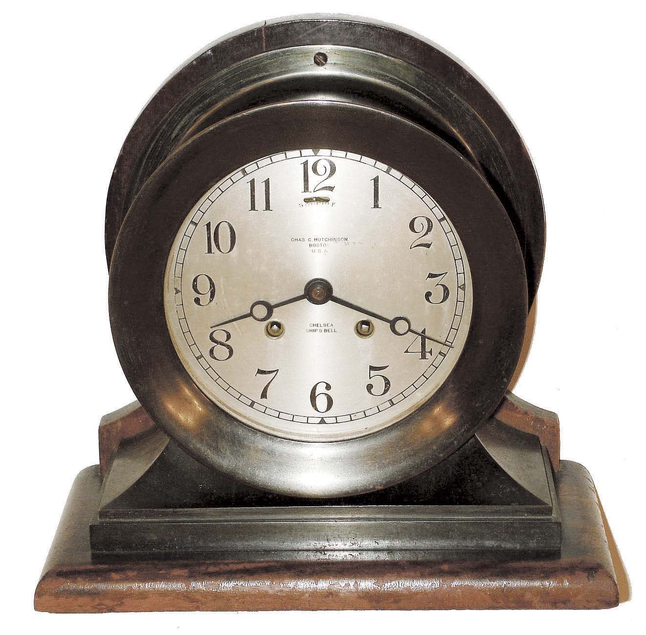 Chelsea Clock Co., Boston, Mass., "Commander" 6" dial bronze and mahogany 8 days, ship's bells mantel clock #125209, 1918 — Antique Clocks Price Guide