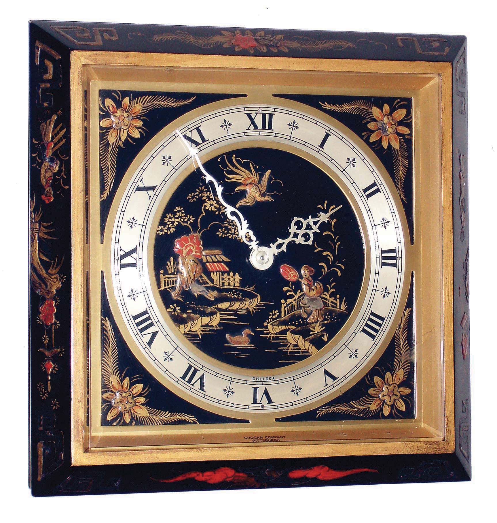 Chelsea Clock Co., Boston, Mass., MA, for Grogan &amp; Co., Pittsburgh, "Chinese Lacquer" 6" dial, 8 days, time only #269697, 1940 — Antique Clocks Price Guide