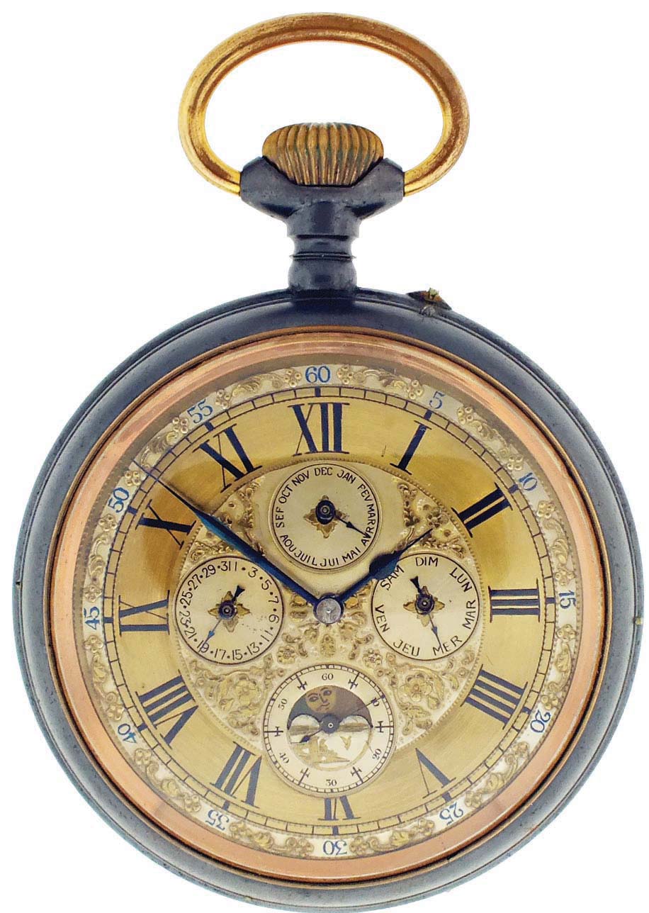 Switzerland, oversized pocket watch form desk clock, with triple calendar and phases of the moon, 15 jewels, stem wind and pin set, damascened nickel bar movement, with lever escapement and uncut bimetallic balance, in a gun metal, hinged back and bezel open face case, with Roman numeral, outer blue 5-minute markers, quadruple sunk metal dial with repousse ornament, and blued steel spade and poker hands, 95mm, c1900 — Antique Clocks Price Guide