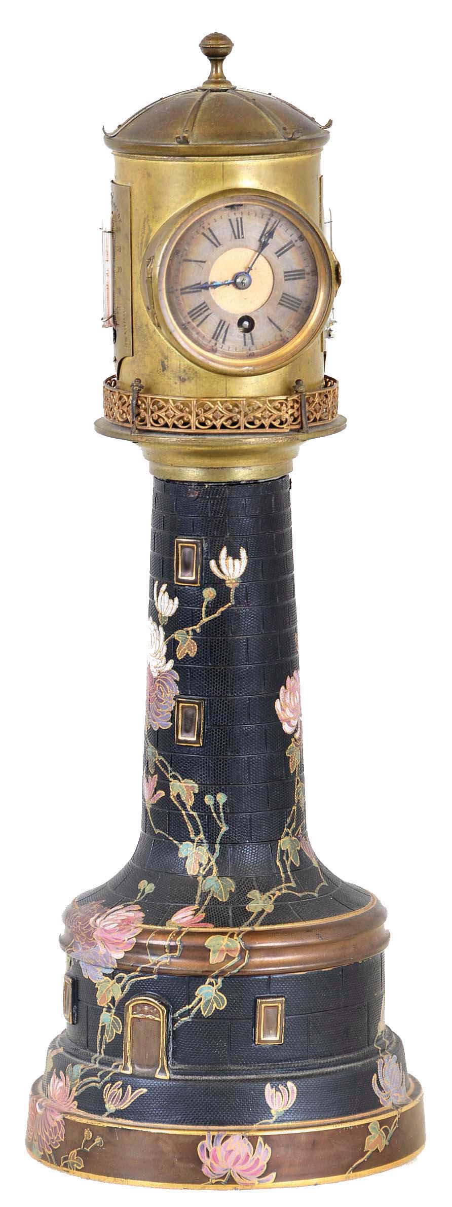 Burslem, England, Doulton lighthouse form clock case with French movement, the black Chine case with luster bands and chrysanthemum decoration, ogee molded brass cap with pierced brass railing, lighthouse top with ribbed dome and finial, mounted with barometer, thermometers, and 8 day timepiece movement with cylinder escapement, Roman numeral silvered dial with blued steel distaff style hands, barometer with blued steel hand and gilt set hand, base marked "Doulton Burslem" in green below a crown, impressed "Doultons" and "Doulton &amp; Slaters patent", stamped "U.S. Patent 314002", and with over glaze initials in script "WBJ", c1890 — Antique Clocks Price Guide
