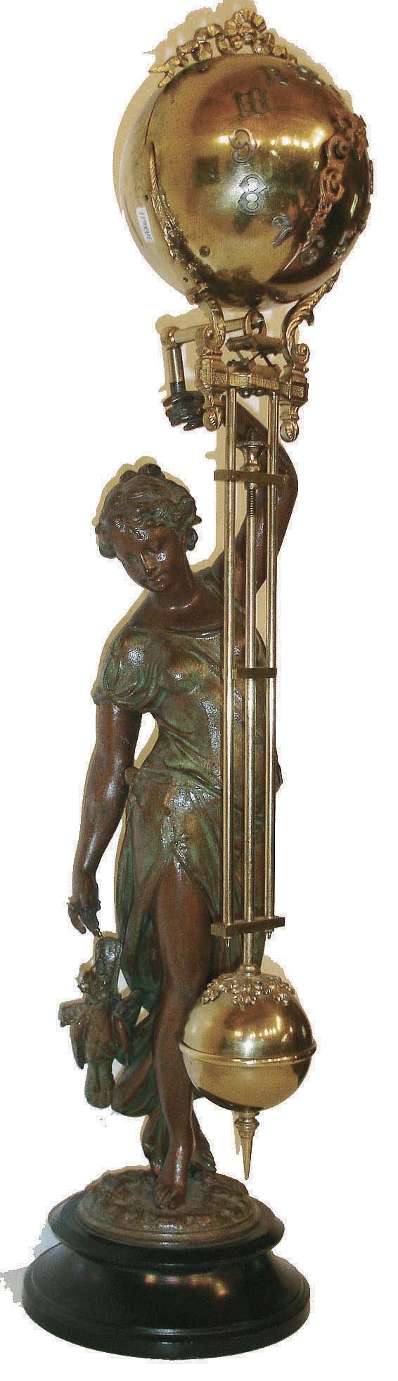 Ansonia Clock Co., Ansonia, New York, "Huntress" figural swinger, the patinated spelter figure of a young woman carrying game birds and holding the clock aloft in her right hand, mounted to an ebonized cast iron base, 8 day time only movement mounted inside a brass sphere with cast ribbon ornament and applied Arabic numerals, Louis XV style hands, the lower section in gridiron style with smaller sphere at the bottom, c1900 — Antique Clocks Price Guide