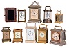 Clocks- 9 (Nine) Carriage French and American including "Plato" clock by Horolovar. French 8 day models include modern L'Epee repeater with alarm, architectural time only, and miniature with alarm. Americans include Seth Thomas Clock Co., Thomaston, Conn., "Carriage No. 1" in French style with carrying case, Waterbury ornate cast metal, and Ansonia.