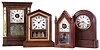 Clocks- 4 (Four): (1) Seth Thomas Clock Co., Thomaston, Conn., "Victoria" shelf clock with a spring driven 8 days time and strike movement in a rosewood veneered case. c1880. (2) New Haven Clock Co., New Haven, Conn., miniature steeple clock with a spring driven time and alarm movement in a rosewood veneered case. c1870. (3) Seth Thomas Clock Co., Thomaston, Conn., "Tudor No. 1" shelf clock with spring driven 8 days time and strike lyre movement in a rosewood veneered case. c1875. (4) Chauncey Jerome, New Haven, Conn., miniature cornice and column clock with a spring driven 8 days time and strike movement. c1854.