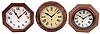 Clocks- 3 (Three): (1) Waterbury Clock Co., Waterbury, Conn., "Alpha", 8 days, spring brass movement gallery timepiece. c1930 (2) E. Ingraham & Co., Bristol, Conn., 8 days, spring brass movement octagon gallery timepiece. c1915 (3) New Haven Clock Co., New Haven, Conn., "12 Inch Gallery", 8 days, spring brass movement gallery timepiece. c1929