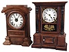 Clocks- 2 (Two) Connecticut 8 day time and strike mantel clocks: Atkins Clock Co., Bristol, Conn., "London" model with rosewood veneered case, c1875; Seth Thomas Clock Co., Thomaston, Conn., "Arch Top" with alarm burled walnut mantel clock, c1880