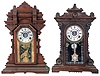 Clocks- 4 (Four): (1) Seth Thomas Clock Co., Thomaston, Conn "Yale" oak gingerbread clock with a spring driven 8 day time, strike and alarm movement, c1900. (2) E. N. Welch Mfg. Co., Bristol, Conn., walnut kitchen mantel clock with a spring driven 8 day time, strike and alarm movement. c1885. (3) E, Ingraham & Co., Bristol, Conn., walnut kitchen mantel clock with a spring driven 8 day time, strike and alarm movement. c1895. (4) William L. Gilbert Clock Co., Winsted, Conn., "Eros" shelf clock with a spring driven 8 day time and strike movement in an ash case with walnut trimmings c1885.