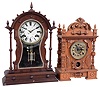 Clocks- 2 (Two) Connecticut 8 day time and strike mantel clocks: (1) Gilbert "Excelsior J" variant, in oak, c1905; (2) unsigned with N. Pomeroy movement. c1875.
