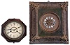Clocks- 4 (Four) Wall: Ansonia "Richelieu" brass 8 day time and strike balance movement picture frame clock, c1900; Waterbury "Montreal" walnut 8 day time and strike, c1883; New Haven "Bank" 8 day drop octagon oak timepiece, c1911; Ansonia octagon "Lever" 30 hour time and strike, walnut with 8" dial, c1900.
