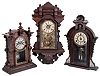 Clocks- 3 (Three) Connecticut 8 day time and strike: Welch, Spring & Co., rosewood "Patti, V.P.", c1880; F. Kroeber Clock Co. "Virgil", c1880; E. Ingraham Co. for Charles F. Adams, Erie, PA walnut hanging gingerbread, c1900.