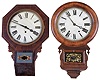 Clocks- 2 (Two) Wall Connecticut 8 day rosewood hanging: Ansonia Brass & Copper Co., Ansonia, Conn., "Drop Extra" time and strike, c1874; E.N. Welch "Drop Octagon" time only, c1869
