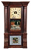 Clocks- 2 (Two): (1) Birge, Peck & Co., Bristol, Conn., cornice and column shelf clock with a weight driven 8 days time and strike movement in a mahogany veneered case. c1850. (2) Welch, Spring & Co., Forestville, Conn., "Cary VP", 8 days, time and strike spring brass movement shelf clock. c1880.
