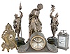 Clocks- 3 (Three) and Cast Figurines- 3 (Three) ; (1) Sangamo Electric Co., Springfield, IL, Style 5051electrically wound clock in heavy cast metal tambour case, serial no. 491 Type B, c1927; cast metal novelty 30 hour time and alarm; (2) William L. Gilbert Clock Co, 30 hour "Hello Alarm" and Gilbert "Gilt No. 115" time and alarm, both c1913; (3) Ansonia "Fisher" and "Falconer" spelter figural statues; French "Brunfaut" (?) cast spelter large seated figural, c1885.