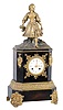 French walnut and cast gilt metal figural mantel clock, 8 day with thread suspension and count wheel striking. movement stamped "Japy Freres" and "Taveau a Paris"; c1830