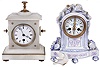 Clocks- 5 (Five) French 8 day: late Morbier hanging 2-weight clock with ornate pressed-brass pendulum, anchor escapement;