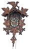 Clocks- 2 (Two) Cuckoo German Black Forest 30 hour 2 weight hanging clocks: (1) railway style with wooden plate movement, c1880; (2) with carved leaves and bird, cast metal plates; c1910