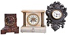 Clocks- 3 (Three) French 8 day: (1) time only cast iron cartel wall clock, Japy tic-tac movement, Latin inscription meaning "if you want peace, prepare for war"; (2) time and strike white onyx mantel with gilt columns and bezel, Japy Freres movement; (3) time and strike red marble column mantel, unsigned movement; c1890