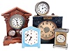 Clocks- 12 (Twelve): (1) Wooden works shelf clock with an unidentified Connecticut 30 hours time & strike movement in an unusual mahogany veneered case. c1830; (2) Electric Light timer by Reliance Automatic Lighting Co., Racine, Wisconsin. (3) Oversized shelf model alarm clock of American origin; c1910. (4) Small electric clock of unknown manufacture; (5) Alarm clock mounted on wooden stand; manufacturer not identified; c1910; (6) Slave clock of unidentified origin.; (7) Waterbury Clock Co., Waterbury, Conn., "Tourist" carriage clock with a spring driven 30 hours time and alarm movement in a nickel plated case; c1891; (8) Small wall hanging timepiece with a blue and white porcelain dial likely of German or Dutch origin; (9) Western Clock Co., LaSalle, Illinois, "Westclox Alarm" with a 30 hours time and alarm movement; c1920; (10) Slave clock of unidentified origin (11) Modern day handmade copy of a J. C. Brown Acorn clock; (12) Standard Electric Time Co., Springfield, Mass. slave clock;