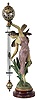 French swinger mystery clock, polychrome "Abeille", after sculptor J. Causse, with female fairy figure parading through tulips, supporting the extra long 28.5" clock and compound pendulum arm, spherical case with foliate and pineapple applique and dragon hands, applied Roman numerals containing the 8 days, time only movement, gridiron style assembly with ornamented foliate fall at bottom, all mounted on red marble base with J. Causse plaque