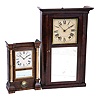 Clocks- 2 (Two): (1) Seth Thomas Clock Co., Plymouth Hollow, Conn., "Column" shelf clock with an 8 days spring driven brass time and strike lyre movement in a rosewood veneered case; c1865. (2) Jonathan Frost, Reading, Mass., shelf clock with a 30 hours time and strike wooden works in a mahogany empire style case with OG columns; c1838;