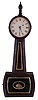 Unsigned, North Attleboro, Mass. attribution 8 days, weight brass movement Patent or banjo timepiece. This clock has different characteristics from the normal Attleboro clock in that the throat frame is attached with wood screws, the dial is attached with L-Turns and the hands are early style. The wood finial is a typical Attleboro design.