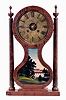 Joseph Ives, Plainville, Conn., "Hour Glass" mantle clock, 30 hour, time and strike, powered by single "wagon-spring" attached inside the top of the case with fixed lantern pinions instead of typical Ives rolling pinions, A cast iron frame supports the movement and spiral gong base in an hour glass shaped mahogany veneer case with reverse painted lower tablet and turned columns with urn finials. The brass dial has a raised chapter ring with painted black numerals.