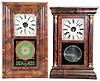 Clocks- 3 (Three): E. N. Welch Mfg. Co. Forestville, Conn., 30 hour, time and strike weight brass movement OOG shelf clock. c1875 (2) Waterbury Clock Co., Waterbury, Conn., "Column", 30 hour, time and strike weight brass movement column & cornice shelf clock. c1870 (3) Connecticut, Possibly an E. Terry & Sons, 30 hours, time and strike weight wood movement quarter column & splat shelf clock. c1830