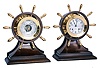 Chelsea Clock Co., Boston, Mass., "Mariner" 8 day 3 3/4"-dial time and ship's bells Yacht Wheel bronze marine clock on mahogany stand, #771357, 1976 presentation, with matching barometer
