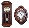 Clocks- 2 (Two) European 8 day time and strike spring-driven wall clocks: (1) French Morbier 8 day spring-driven "baker's clock" with mother-of-pearl inlay and reverse-painted glass dial; (2) German 8 day box regulator with two-tone striking; early 20th century