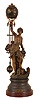 France, swinging clock, the statue representing "Commerce", by Ch. Levy, the standing male figure at a ships wheel, and with a selection of goods at his feet, his right arm held aloft, and supporting the swinging timepiece, the 8 day movement contained in the patinated, upper sphere, with three rod gridiron style connection to matching lower ball, alll mounted to a patinated, molded base, with faux marble plinth