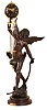 France, swinging clock, titled "Hesitation", by Geo. Maxim, the figure of a young Amor with wings, bow, and quiver, and with his right arm held aloft, and supporting the swinging timepiece, the 8 day movement contained in the patinated, upper sphere, with three rod gridiron style connection to matching lower ball, alll mounted to a painted, molded base