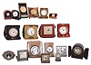 Clocks- 18 (Eighteen) European travel and small cased clocks; visible maker and seller names include Ultra, Nepro, Turler, Tiffany, Kelbert, Olympic, Benrus, Black Starr & Frost (in sterling case) , J.E. Caldwell, Eterna, Phinney Walker, Majestic, etc. Early 20th century