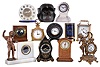 Clocks- 12 (Twelve) desk and novelty clocks, mostly vintage, some 8 day, some with marble and glass, a few modern quartz. Maker and seller names include Swiza, New Haven, Jaeger, Angelus, Seth Thomas, The monkey head with rotating eyes is unsigned.