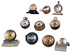 Clocks- 10 (Ten) "paperweight" small glass and metal desk clocks: maker and seller names include Imperial, Doxa, New Haven, Rosskopf, Westclox, Ingraham, and others unsigned, mostly vintage