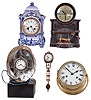 Clocks- 5 (Five): Mastercrafters "fireplace" electric, Schatz German 8 day marine with ship's bells, French in blue/white China case, illuminated seashell with "Eli Wallach" on small clock dial, and Junghans swinger (no base) ; all vintage