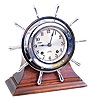 Chelsea Clock Co., Boston, Mass., Mass. "Yacht Wheel" chrome plated 8 day time and ship's bell 4" dial, screw bezel, on mahogany cradle, #649738, c1960