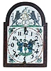 German, multi-tune musical dial clock, with 9 glass bells, and reverse painted glass dial with family crest in arch (HFR) and dated 1833, 1 day wooden works, [3-weight], time, strike on one bell, and music actuated by 5in (12.6cm) wide pin drum, front pivoted cows tail pendulum.