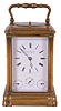 France, for Conrad Felsing, Berlin, hour repeating carriage clock, glazed Gorge case, Roman numeral white enamel dial with subsidiary displays for month, date, and alarm, blued steel Breguet style hands, 8 day time and strike movement with lever platform, sounding the hours and half hour on a bell, and repeating the hour on demand