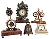Clocks- 6 (Six) French Novelty 8 day and 30 hour time only mantel clocks. Includes gravity clock, Farcot (?) with visible front of movement, figural with alarm and barometer, onyx with top lion, bell form, and painted iron forest hunting theme.