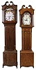 Tall Clocks- 3 (Three) English/Scottish and one English case (only): (1) Unsigned, mahogany veneer case with deer inlay and fluted corner columns and brass capitals; (2) Wehrle, Dundee (Scotland) mahogany veneer case with fluted corner columns and string inlay; (3) Unsigned, mahogany case with cutout crest and tombstone door; (4) Case only, quarter sawn oak with reeded corner columns, a first half 19th century.