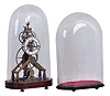 Skeleton clock and a dome- (1) Chinese reproduction 8 day, spring brass fusee movement great wheel skeleton timepiece with porcelain dial. (2) Reproduction glass dome and base suitable for a skeleton clock.
