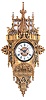 France, architectural cartel wall clock, 8 days, time and bell strike, spring driven movement in an elaborately cast gilded brass case depicting a castle, griffins and knights in armor with brass dial with enamel chapter ring