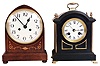 Clocks- 2 (Two): (1) German, 8 days, time and strike spring brass movement mantel clock. (2) German, 8 days, time and bim-bam strike spring brass movement mantel clock in the form of a bracket clock.