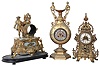 Clocks- 3 (Three) French cast metal cases: two with 8 day time and strike movements (one with Japy stamp) , one case (only) on black enameled wood base, c1880