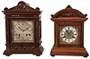 Clocks- 2 (Two) German Bracket "RMS" (Mueller & Co.) walnut 8 day time and strike, beveled glasses, silvered chapter rings on ornate brass dials, both with bim-bam quarter-hour striking; early 20th century
