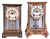 Clocks- 2 (Two) Ansonia crystal regulators, brass and glass 8 day time and strike mantel clocks with visible escapements: "Marquis" with missing top cast pieces; and "Prism"