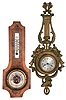Clock and Barometer- 2 (Two): Seth Thomas Clock Co., "Lyre" 4-jewel gilt cast-metal time only wall clock, c1928; "Halpert & Fryxell, New York" (Madison Avenue) , barometer and thermometer on burled wood back, made in Germany, early 20th century